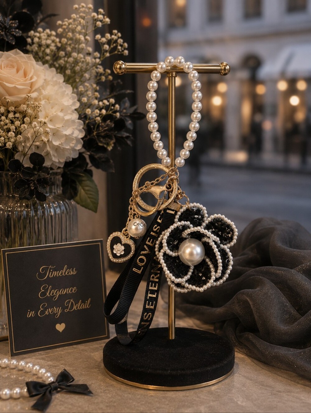 Pearl, Black Floral And Charm Keychain Wristlet